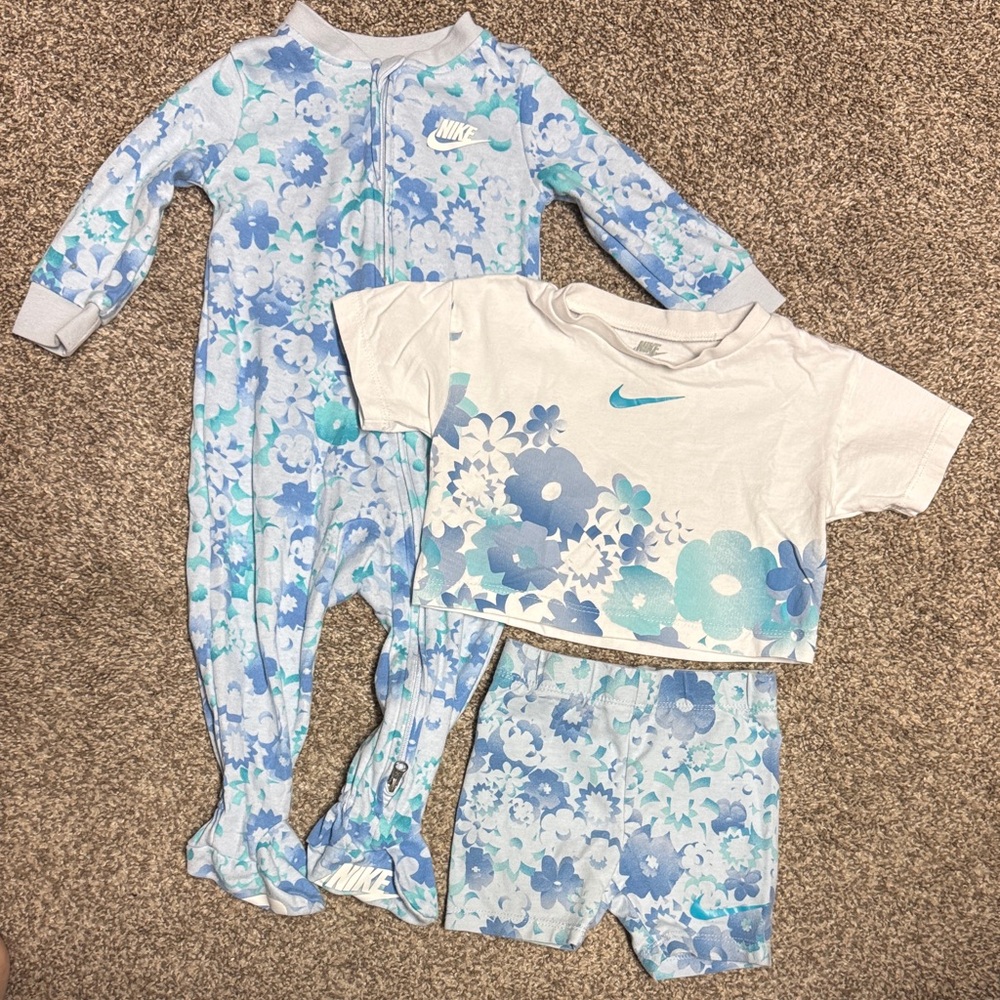 Nike Baby Blue Floral Outfit Set. Footie and T-Shirt / Biker Shorts Girls